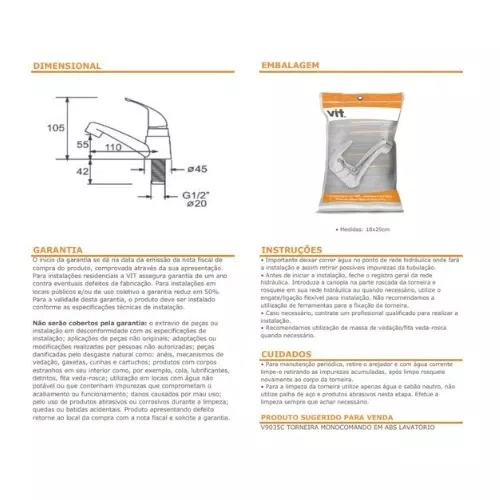 Torneira para Lavatório Mono UP Branca V9033B | Vit